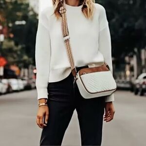 White Sweater with Brown and White Crossbody Bag